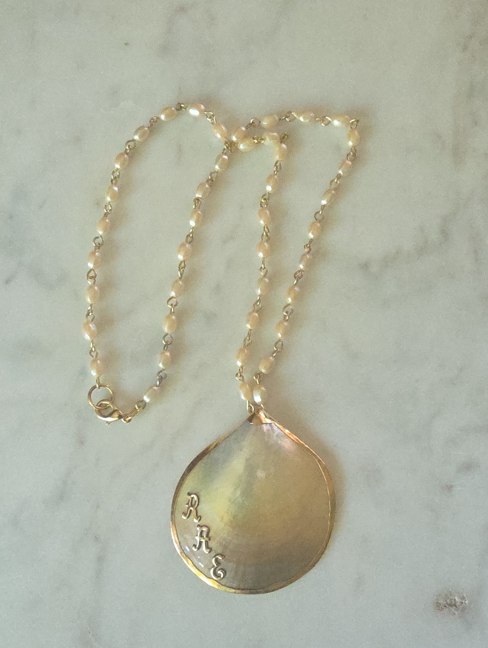 Handmade Custom vintage-style monogrammed seashell pendant necklace